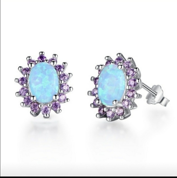 Amethyst & Fire Opal Stud Earrings - Picture 2 of 4